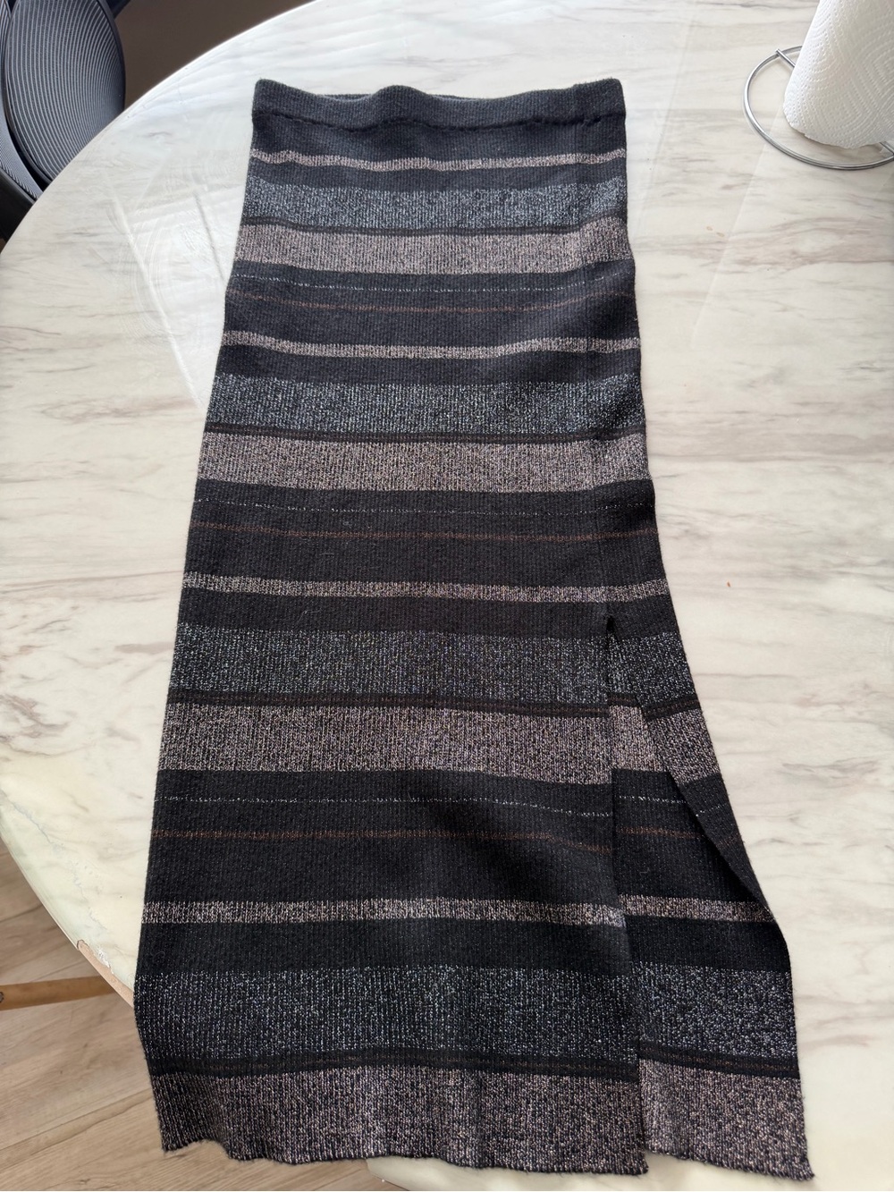 House of Harlow 1960 Black and Gray Striped Knit Midi Skirt